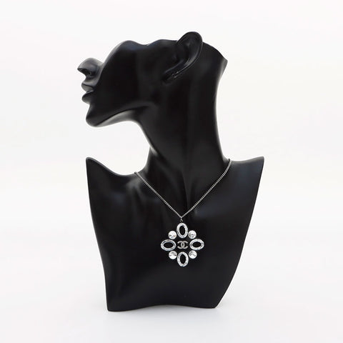 CHANEL 2016 Camellia Rhinestone COCO Mark 16P Necklace Silver black WS11750
