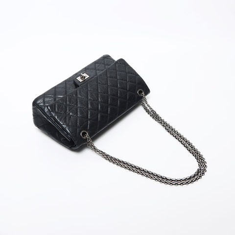 Chanel Chanel 2.55 Silbermetall Doppelklappe Kettenkette Metallic Umhängetasche Schwarz WS11794