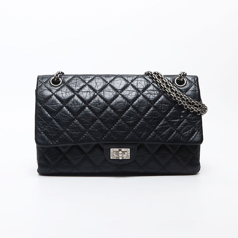 Chanel Chanel 2.55 Silbermetall Doppelklappe Kettenkette Metallic Umhängetasche Schwarz WS11794