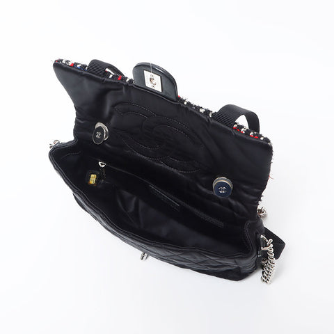 Chanel CHANEL Tweed Silver Metal Tweed Nylon Shoulder Bag Black WS11795