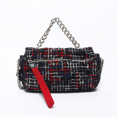 Chanel CHANEL Tweed Silver Metal Tweed Nylon Shoulder Bag Black WS11795