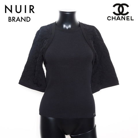Taille de Chanel: 36 Rib Tri tricot à manches courtes en tricot noir WS11819