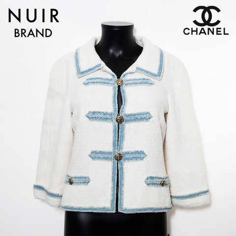 Chanel Chanel Taille: 38 Denim de bouton de coco tweed 07p 2007 Veste blanche WS11846