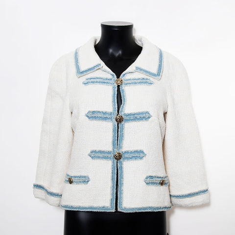 Chanel Chanel Taille: 38 Denim de bouton de coco tweed 07p 2007 Veste blanche WS11846