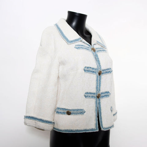 Chanel Chanel Taille: 38 Denim de bouton de coco tweed 07p 2007 Veste blanche WS11846