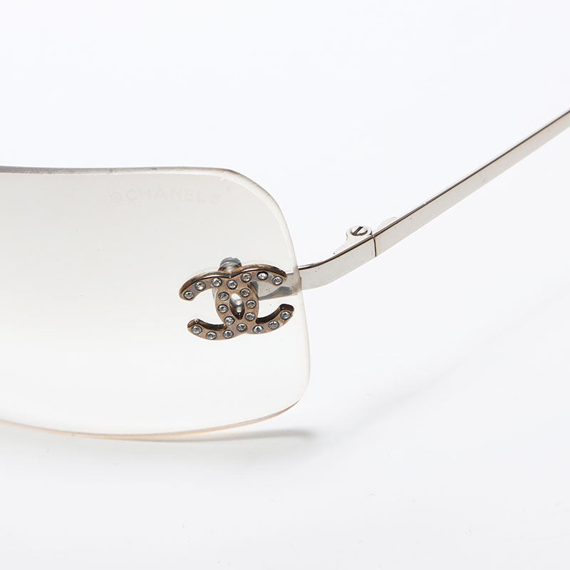 Chanel Coco Mark Clear Rhinestone Rimless Sunglasses Silver