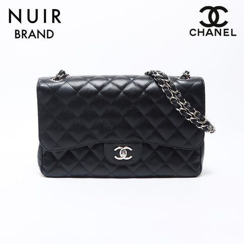 Chanel Decamatelasse巨型鱼子酱皮肤双襟翼30银色硬件肩带黑色WS11907