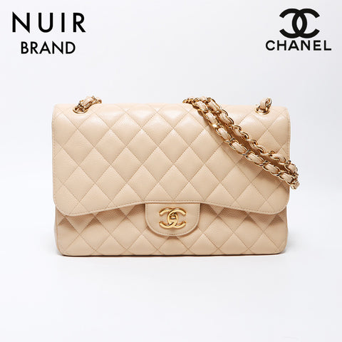 Chanel Chanel Matelasse Jumbo Deca Matelasse Caviar皮肤双重襟翼2012-2013肩袋米色WS11908