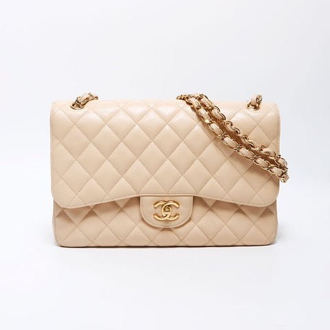 Chanel Chanel Matelasse Jumbo Deca Matelasse Caviar皮肤双重襟翼2012-2013肩袋米色WS11908