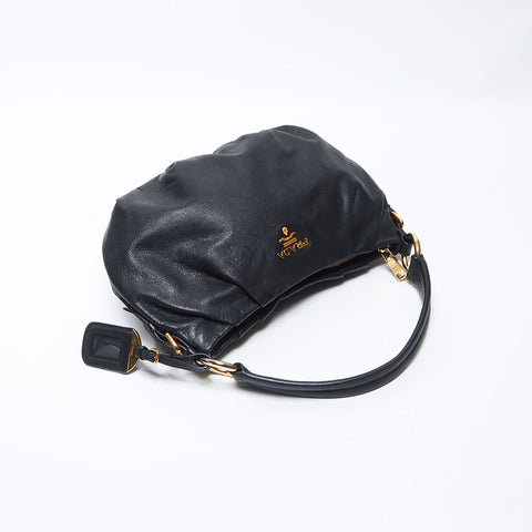 PRADA One Shoulder Leather Logo Handbag Black WS11922