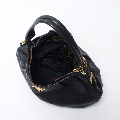 PRADA One Shoulder Leather Logo Handbag Black WS11922