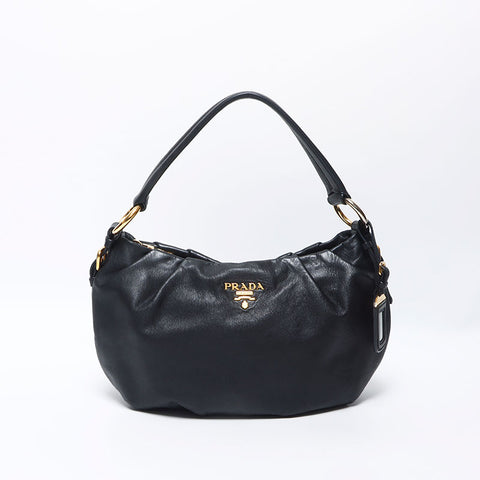 PRADA One Shoulder Leather Logo Handbag Black WS11922