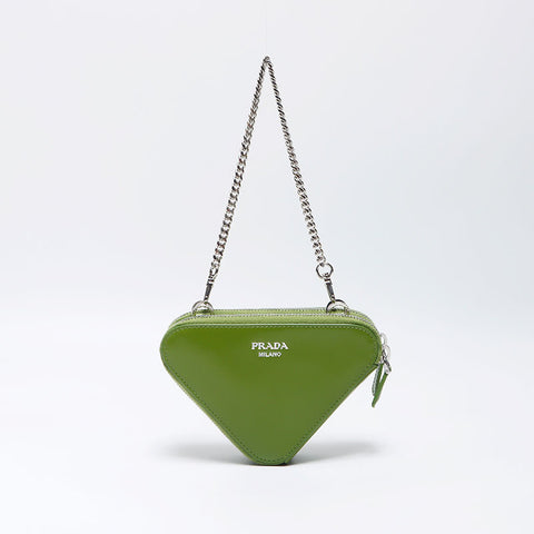 PRADA Triangle Logo Mini Peach 2024 Patent Chain Shoulder Bag Green WS11951
