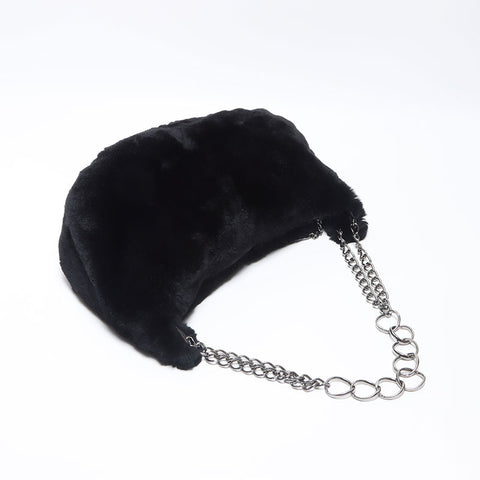 Chanel Chain Rabbit Fur Silver Coco Mark Shoulder Bag Black WS11952