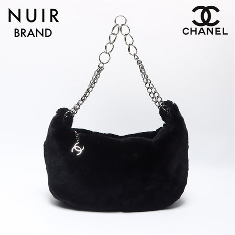 Chanel Chain Rabbit Fur Silver Coco Mark Shoulder Bag Black WS11952