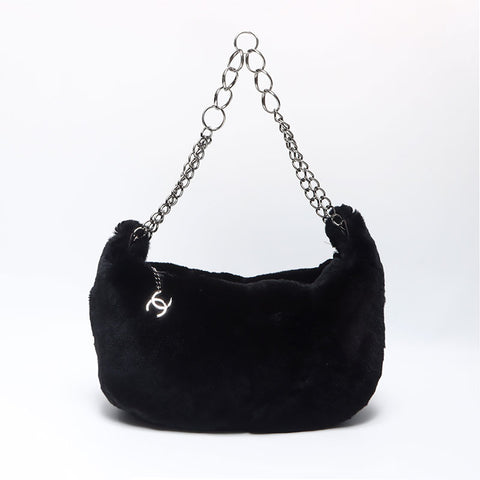 Chanel Chain Rabbit Fur Silver Coco Mark Shoulder Bag Black WS11952