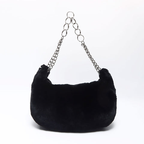 Chanel Chain Rabbit Fur Silver Coco Mark Shoulder Bag Black WS11952