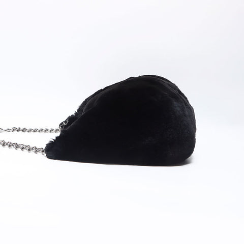 Chanel Chain Rabbit Fur Silver Coco Mark Shoulder Bag Black WS11952