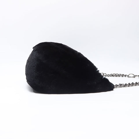 Chanel Chain Rabbit Fur Silver Coco Mark Shoulder Bag Black WS11952
