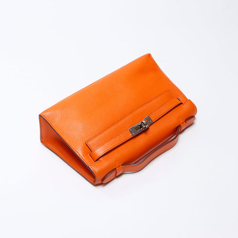 Hermes HERMES ◻︎K 2007 Silver Metal Pochette Kelly Handbag Orange WS11954