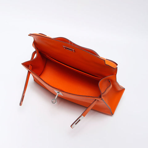 Hermes HERMES ◻︎K 2007 Silver Metal Pochette Kelly Handbag Orange WS11954
