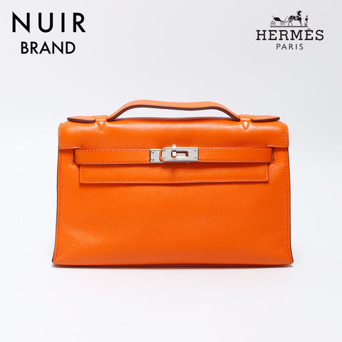 Hermes HERMES ◻︎K 2007 Silver Metal Pochette Kelly Handbag Orange WS11954