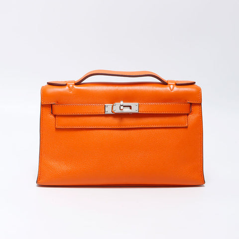 Hermes HERMES ◻︎K 2007 Silver Metal Pochette Kelly Handbag Orange WS11954