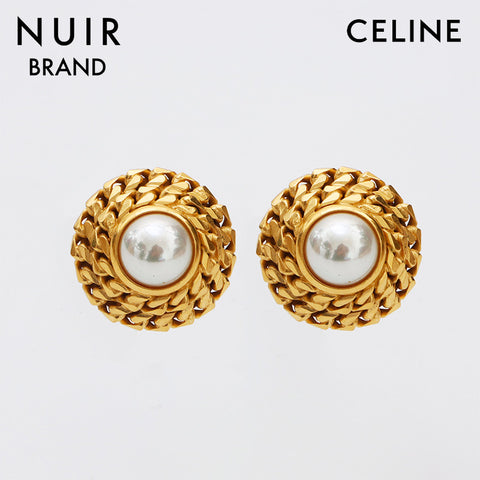 CELINE Vintage Round Large Large Earrings Gold White WS12047
