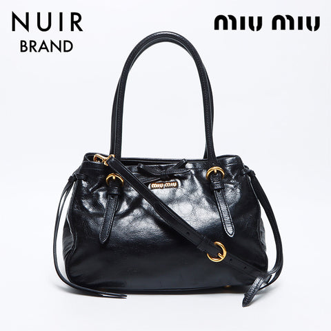 miu miu miu徽标丝带2Way Vitello Shine Nero手提包黑色WS12054