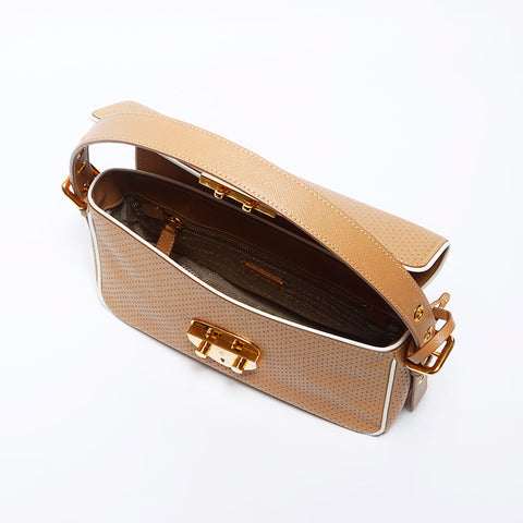 PRADA Logo Saffiano Leather Punched Bagguette Handbag Brown WS12068