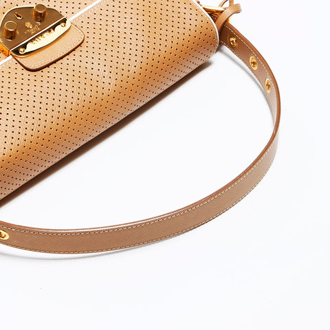 PRADA Logo Saffiano Leather Punched Bagguette Handbag Brown WS12068