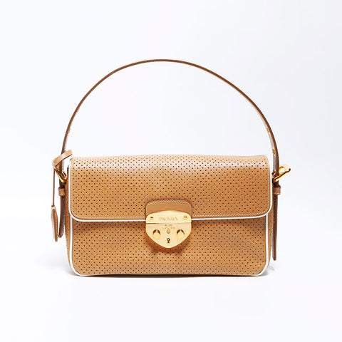PRADA Logo Saffiano Leather Punched Bagguette Handbag Brown WS12068