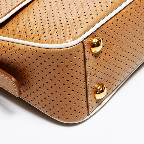 PRADA Logo Saffiano Leather Punched Bagguette Handbag Brown WS12068