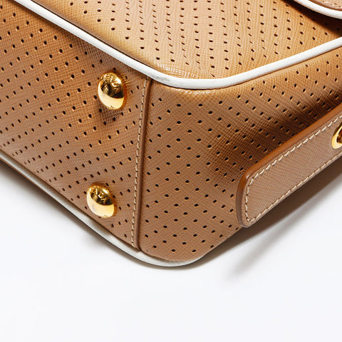 PRADA Logo Saffiano Leather Punched Bagguette Handbag Brown WS12068