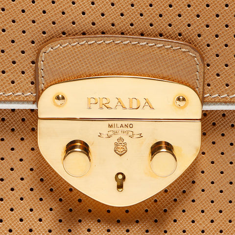 PRADA Logo Saffiano Leather Punched Bagguette Handbag Brown WS12068
