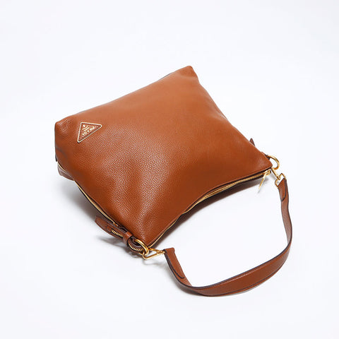 PRADA Triangle Logo Tag Leather Shoulder Bag Brown WS12093