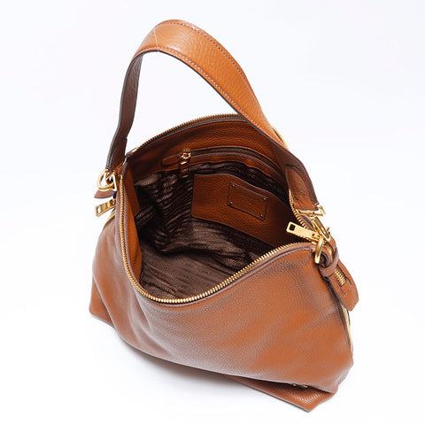 PRADA Triangle Logo Tag Leather Shoulder Bag Brown WS12093