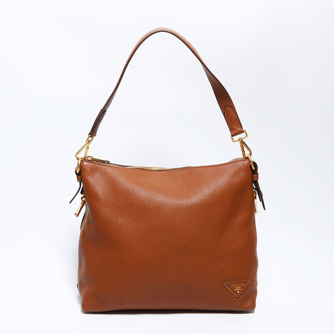 PRADA Triangle Logo Tag Leather Shoulder Bag Brown WS12093