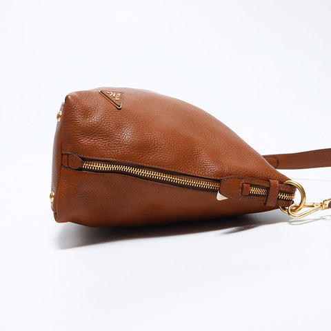 PRADA Triangle Logo Tag Leather Shoulder Bag Brown WS12093