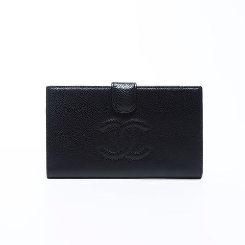 シャネル CHANEL ココマーク 2007-2008 キャビアスキン 二つ折り財布 ブラック WS12096