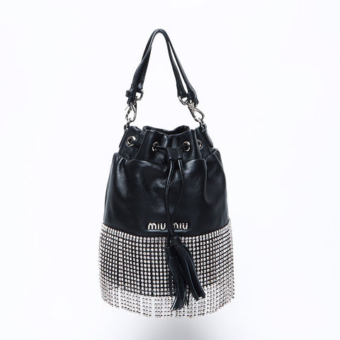 Miu Miu Miu Crystal Bijou Leder -Leitzugs -Umhängetasche Schwarz WS12109