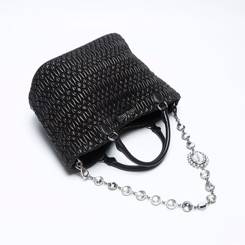 Miu Miu Miu Matterasse Crystal Silver Metal Fitting Handbag Black WS12116