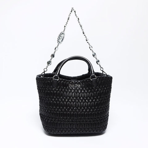 Miu Miu Miu Matterasse Crystal Silver Metal Fitting Handbag Black WS12116