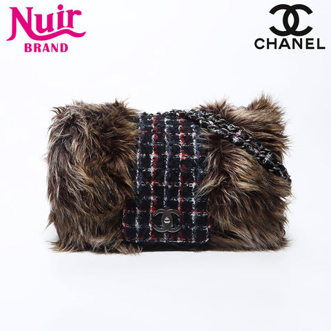 シャネル CHANEL 2010-2011 ウール ファー チェーン ショルダーバッグ ブラック WS12122
