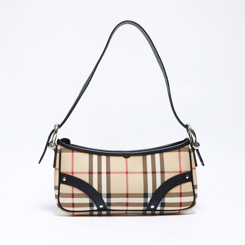 Burberry Nova检查银色金属配件皮革肩带米色WS12134
