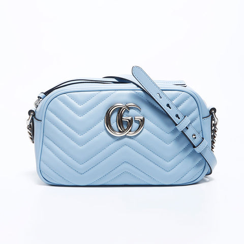 Gucci Leather GG Marmont Silver Fitting Quilted Small Shoulder Bag Blue WS12135