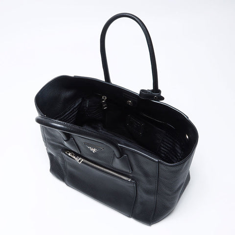 Prada Freon Pocket Leather Silver Hardware Triangle徽标标签手提袋黑色WS12148