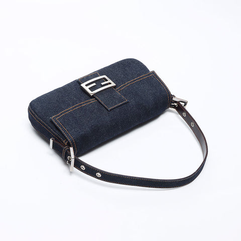 Fendi Mamma Bucket牛仔银五金肩袋海军WS12154