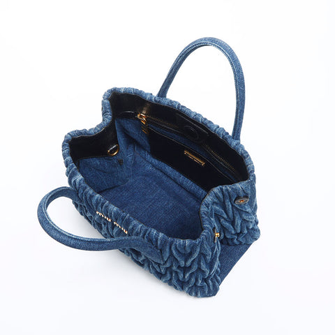 MIU MIU 2000S Denim Matteasse 2WAY TOTE BAG NAVY WS12169