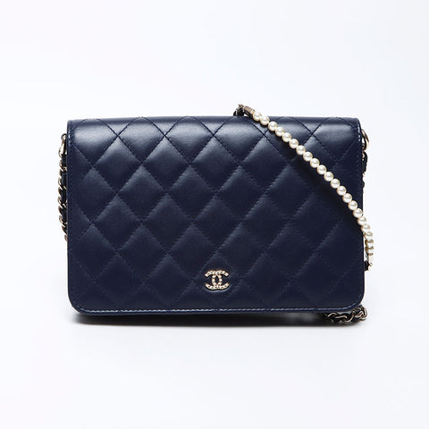 シャネル CHANEL ココマーク マトラッセ ラムスキン パール ウォレット 24番台 2016-2017年 ショルダーバッグ ネイビー WS12249
